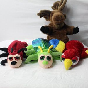 4 Caltoy Big Eyed Plush Animal Puppets - Parrot, 2 Beetles, Moose